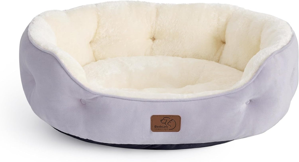 Bedsure Small Dog Bed Washable, Round Cat Beds for Indoor Cats - 25"L x 21"W x 8"Th / Azure Lilac