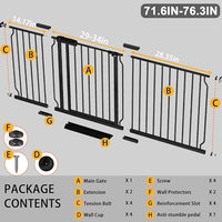 Fairy Baby Extra Wide Baby Gate 71.6-76.3 Inch Wide, Walk Through Pressure Mounted No Drill, Long and Large Tension Gate for Pet and Kids, Black