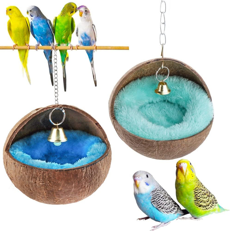 2 Pack Natural Coconut Shell Bird Nest with Pads for Small Parrots – Essentials for Birds