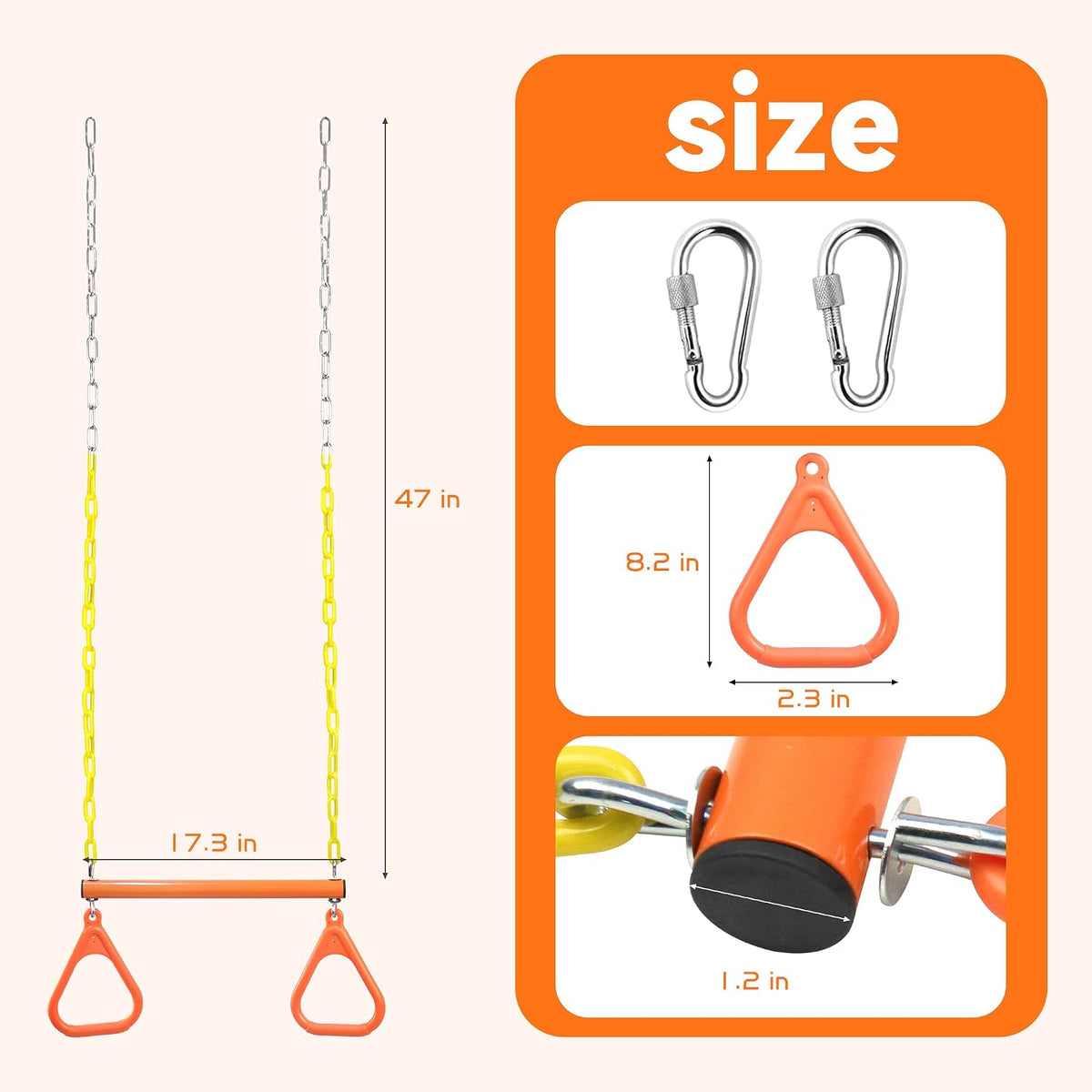 Take Me Away 18'' Trapeze Swing Bar Rings 48'' Heavy Duty Plastic - Orange - image 2