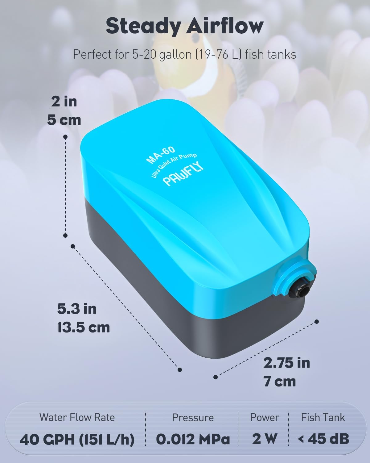 Pawfly Aquarium 15-40 GPH Compact Air Pump Quiet Oxygen Aerator Pump - 3-20 Gallon / With Nano-Bubble Disc - image 2
