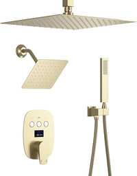 Temperature Display Brushed Gold Shower System Set, Push Button Shower Faucet with 12 inch Ceiling Mount Shower Head and 8 inch Wall Mount Shower Head, with Handheld Shower