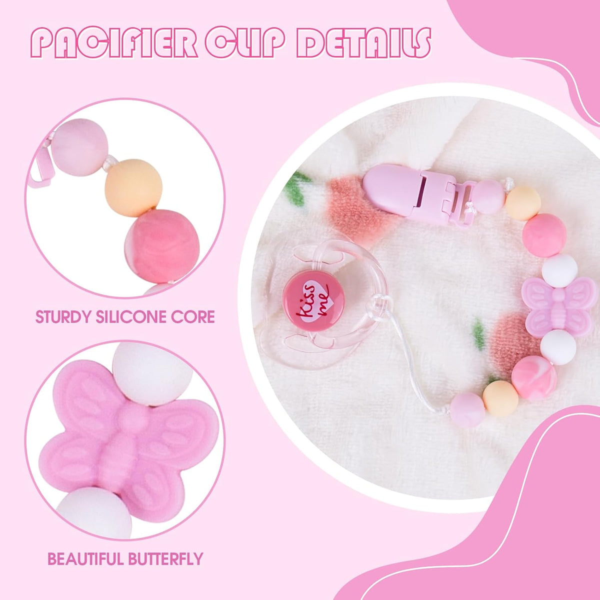 Aori Pacifier Clips for Rebron Baby Dolls Pacifier Holders Silicone - Pink Butterfly - image 3