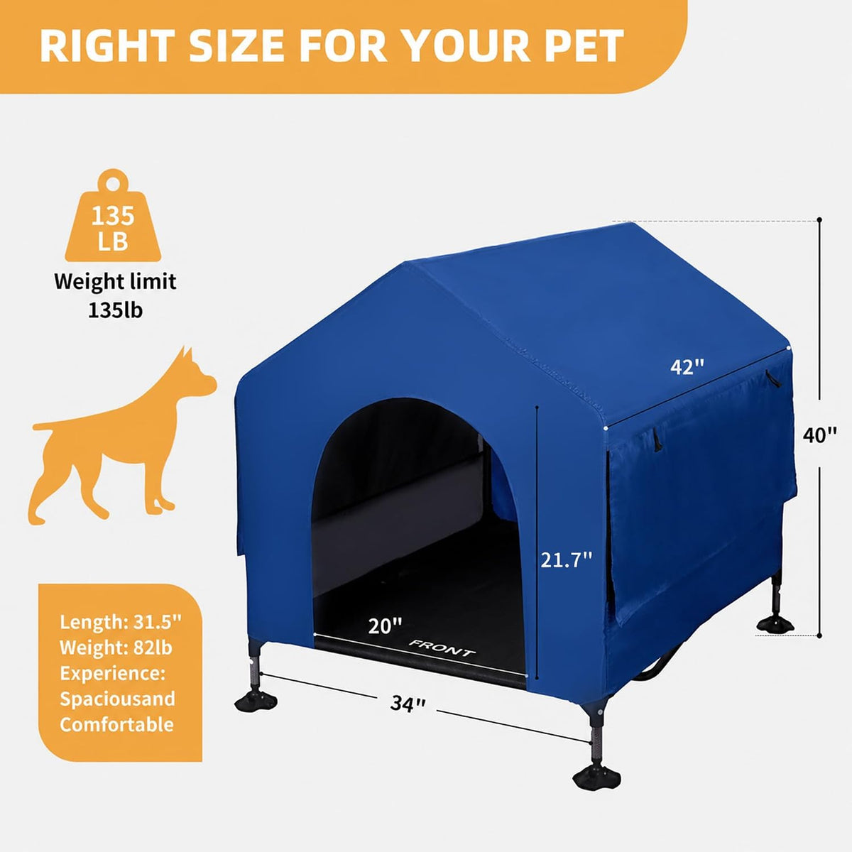 Dog House, 42” Large Dog Houses Outdoor Indoor Elevated Dog Cot Bed – Essentials for Dogs - 42 INCH Dark Blue - image 4