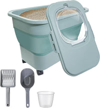 Collapsible Cat Litter Storage Container with Rolling Casters - Green