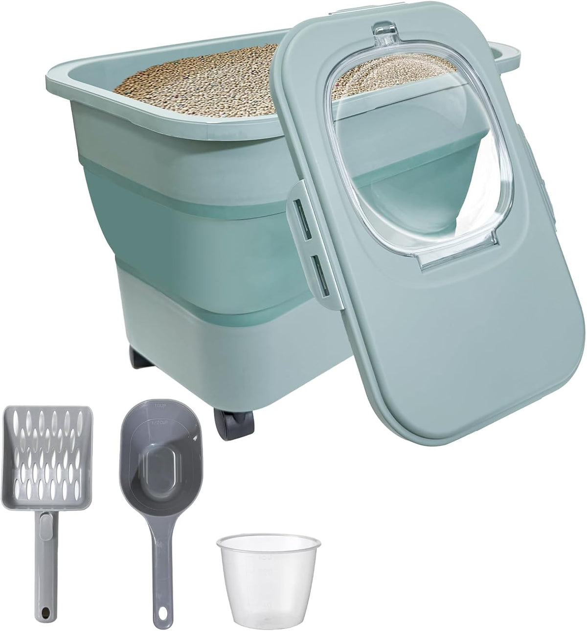 Collapsible Cat Litter Storage Container with Rolling Casters - Green