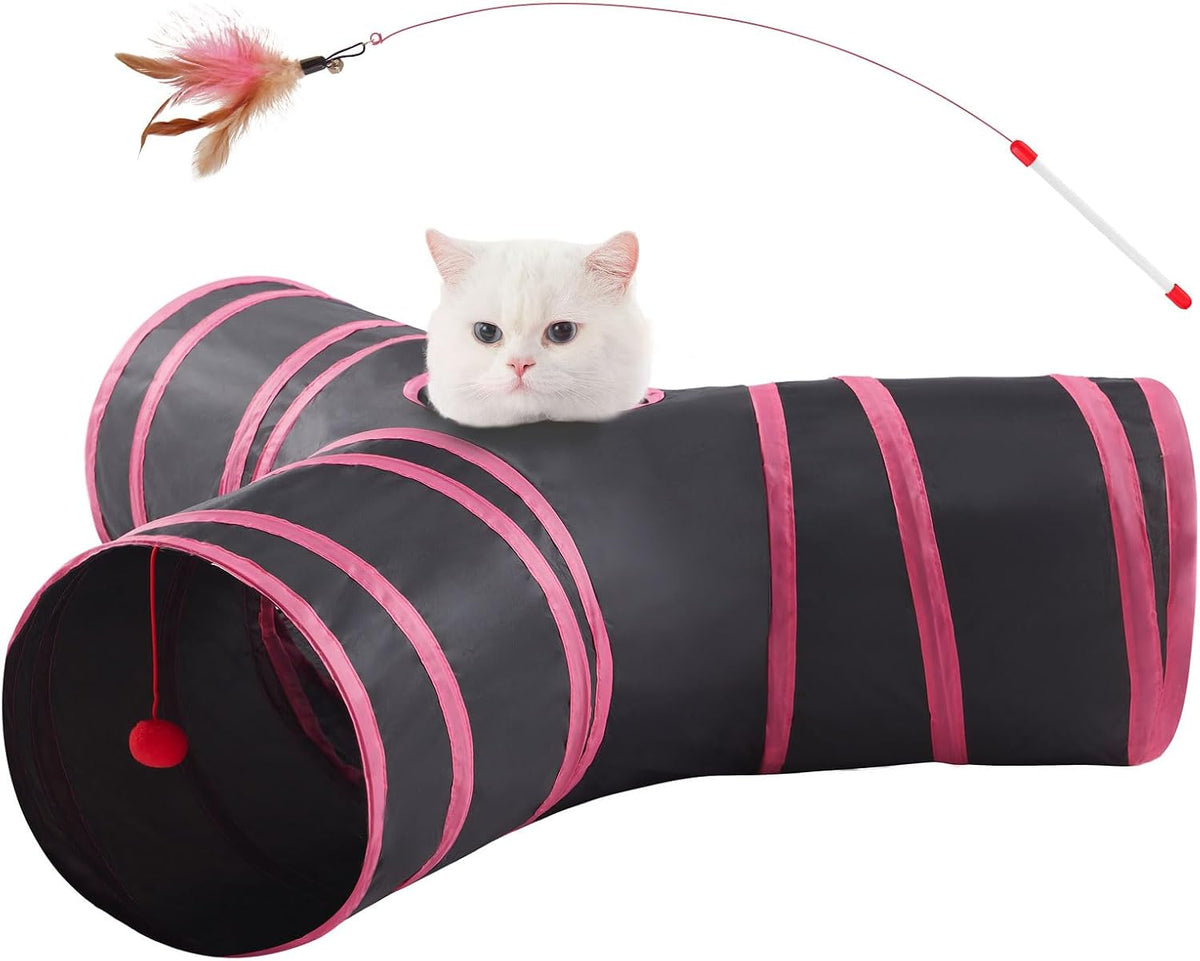 Cat Tunnels for Indoor Cats 3 Way Play Toy Kitty Tunnel Peek Hole Toy - 31.5"L x 21.6"W x 11"H / Rose