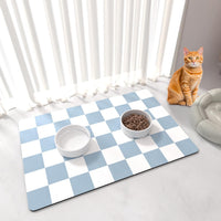 Cat Food Mat, 12"x 20" Cat Dog Mats for Food and Water Bowl - 16"L x 24"W / Blue & White
