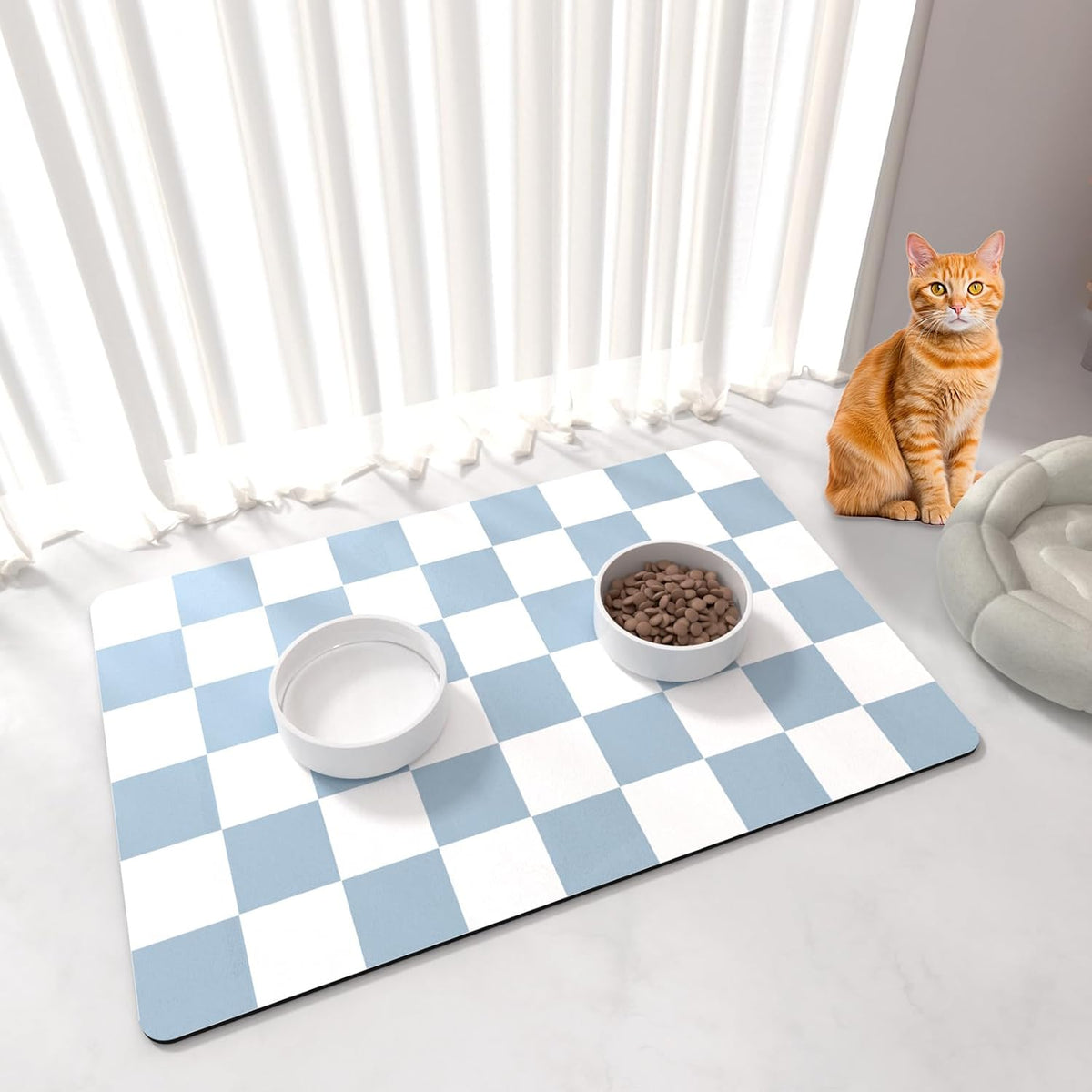 Cat Food Mat, 12"x 20" Cat Dog Mats for Food and Water Bowl - 16"L x 24"W / Blue & White