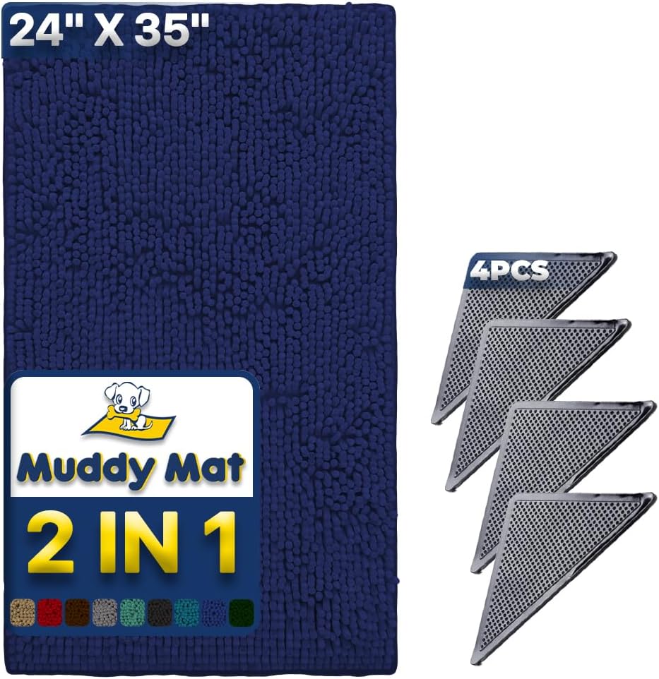 Muddy Mat | Absorbent Microfiber Chenille Door Mat Grey 24" x 35" with Heavy Duty Non-Slip Rug - 24" x 35" / Navy Blue