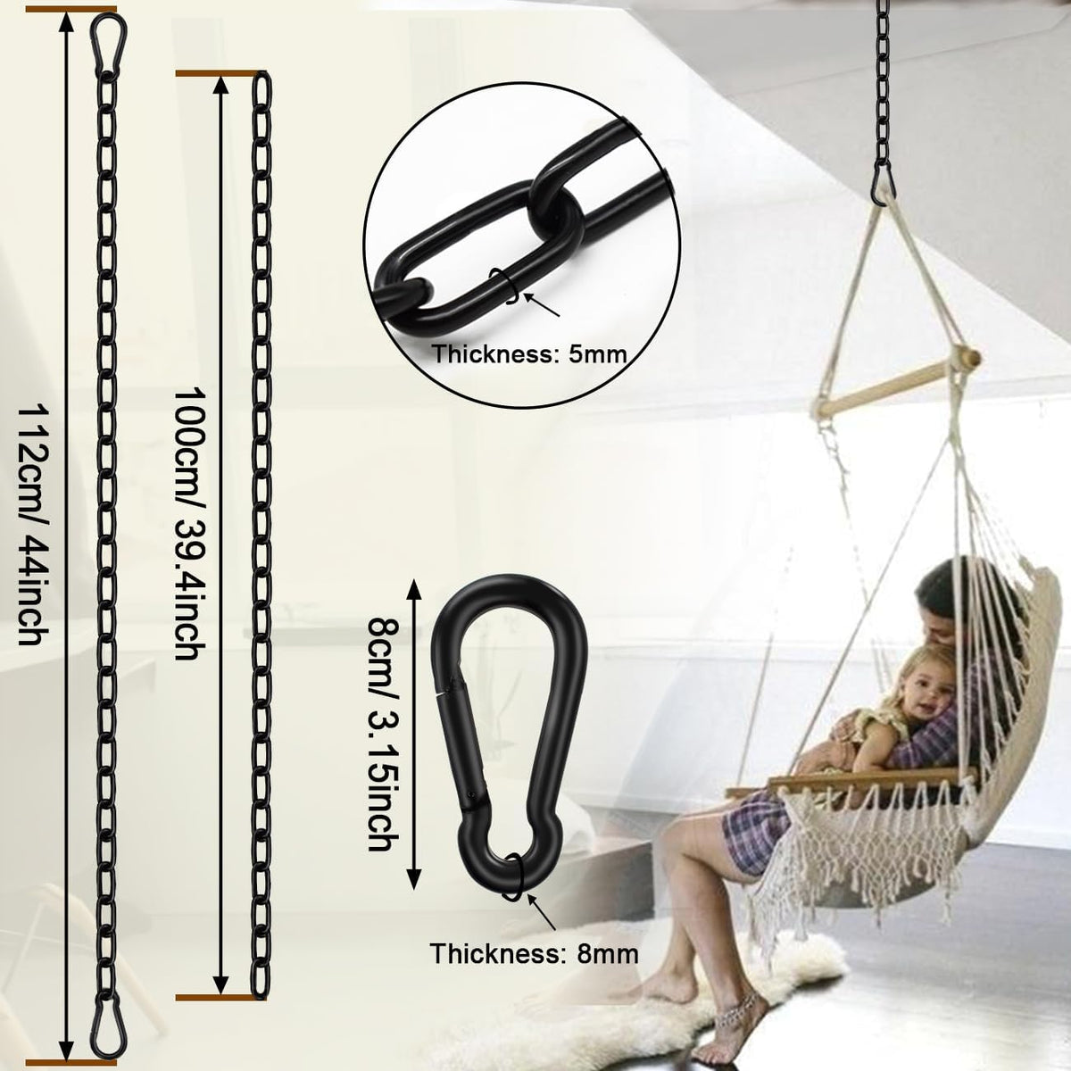 2 Pack Hanging Swing Chain with 4 Carabiners 25in, Swing Chairs - Black / 44in×2pcs - image 2