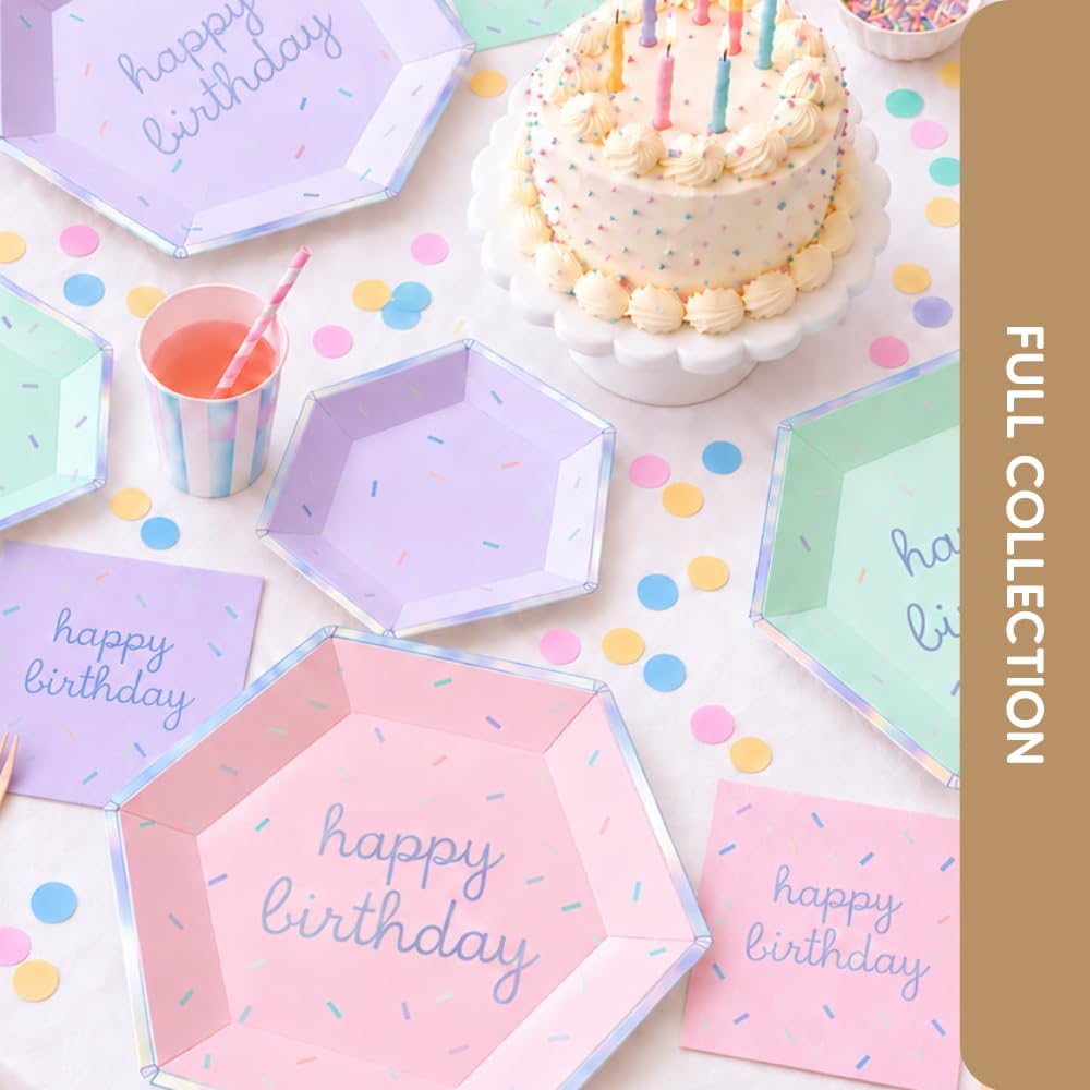 Harlow and Grey Sprinkles happy birthday napkins in pastel pink, mint and purple with holographic fo - view 4