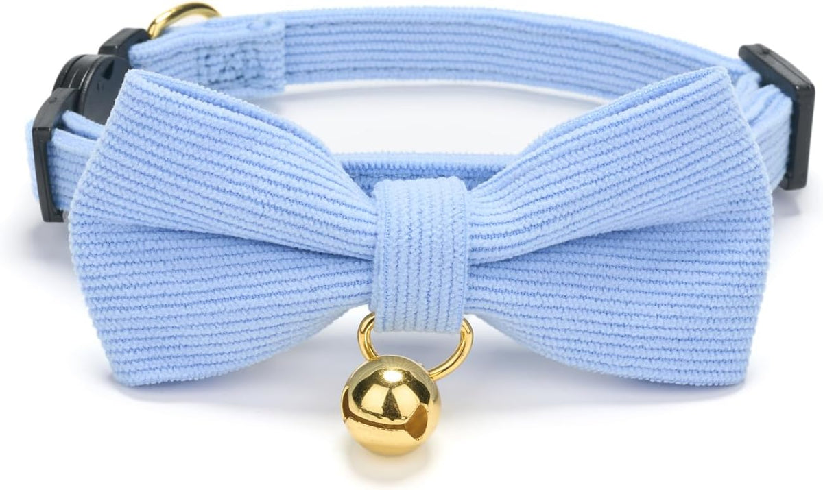 Breakaway Cat Collar with Bow Tie and Bell Adjustable Soft Corduroy - Extra Small: Neck 6" - 9.4" / Blue