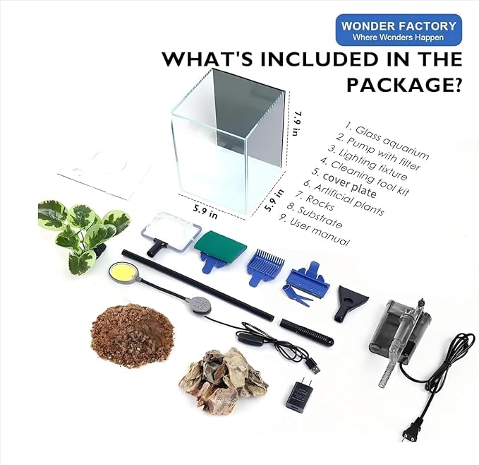 Desktop Glass Fish Tank 1.25 Gallons Small Aquarium Set, Self Cleaning Filter System Bright LED Light Gravel Plant Cleaning Tool, Betta Small Space Kit Easy Setup Space Saving Design