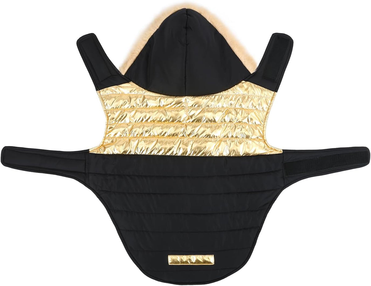 HDE Dog Puffer Jacket Fleece Lined Winter Coat & Harness Hole NVY - XX-Large / 90s Black and Gold Metallic - image 3