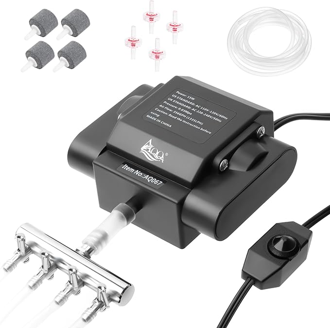 AQQA Powerful Aquarium Air Pump Adjustable Fish Oxygen Aerator Pump for Basement Aquarium Ponds Hydroponic 4 Outlets Commercial Air Pump Bubbler with Accessories for Fish Tank Up to 600Gal(10W,237GPH)