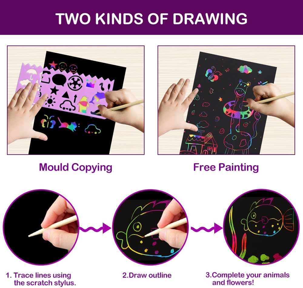 FUNNYB&G 100 Pcs Rainbow Scratch Paper Art for Kids Arts and Crafts - 5*7.2 inch / 100 - image 3