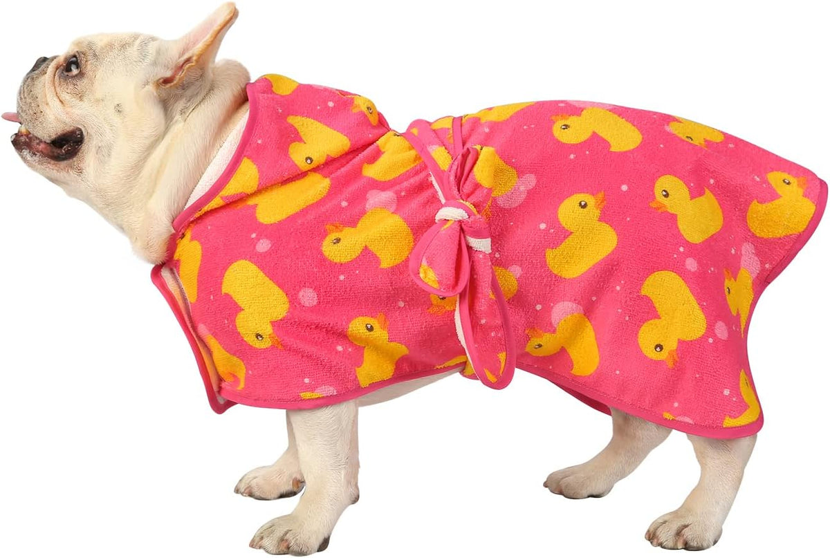 HDE Hooded Dog Bathrobe Quick Dry Towel Wrap for After Bath White - Small / Pink Rubber Ducks - image 3