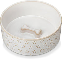 MALACASA Dog Bowl Set, Ceramic Bowls with Walnut Wood Stand - Five-leaf Grass / 4 Cups