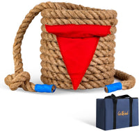 Gothink 50 ft tug of war rope for kids in natural jute with red flag and carrying bag
