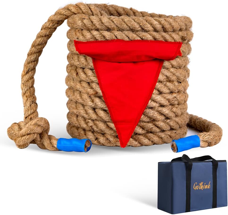 Gothink 50 ft tug of war rope for kids in natural jute with red flag and carrying bag
