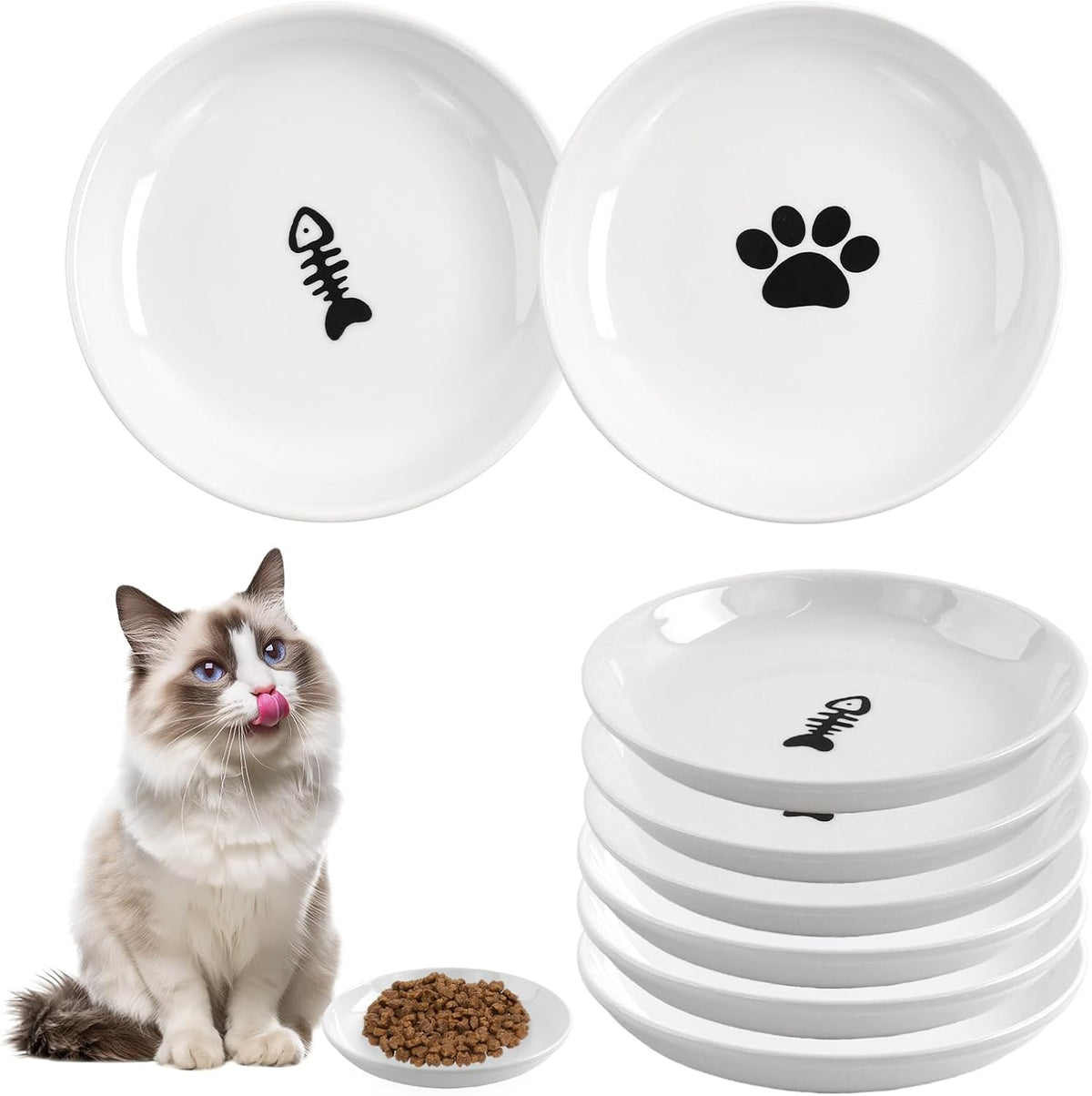 6 Pack Cat Food Bowl, Ceramic Cat Bowls - White-A