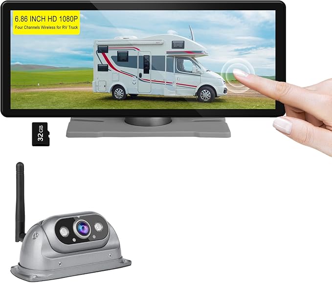 RV Wireless Backup Cameras with Monitor 6.86 Inch Touchscreen Built in DVR Video Recording for Truck RV Trailer Rear Side Wide View Back Up Camera Wireless Transmit Image Avoid Blind IP69K Waterproof