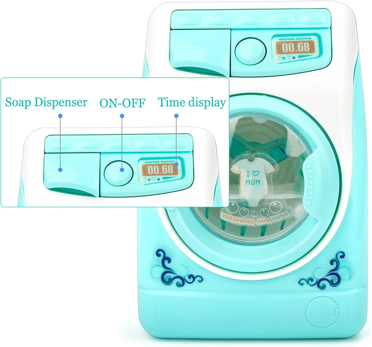 deAO Washing Machine Toy for kids Sound Lights Laundry Play Set - Green - image 2