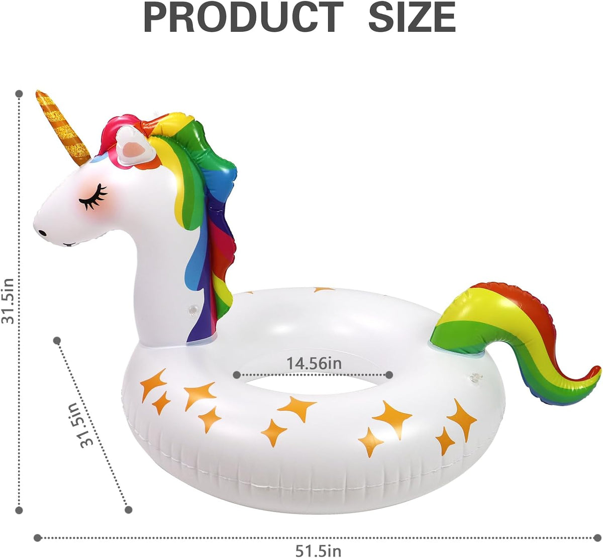 Rtudan 51.5 inch unicorn pool float with golden horn, stars and rainbow tail - view 2