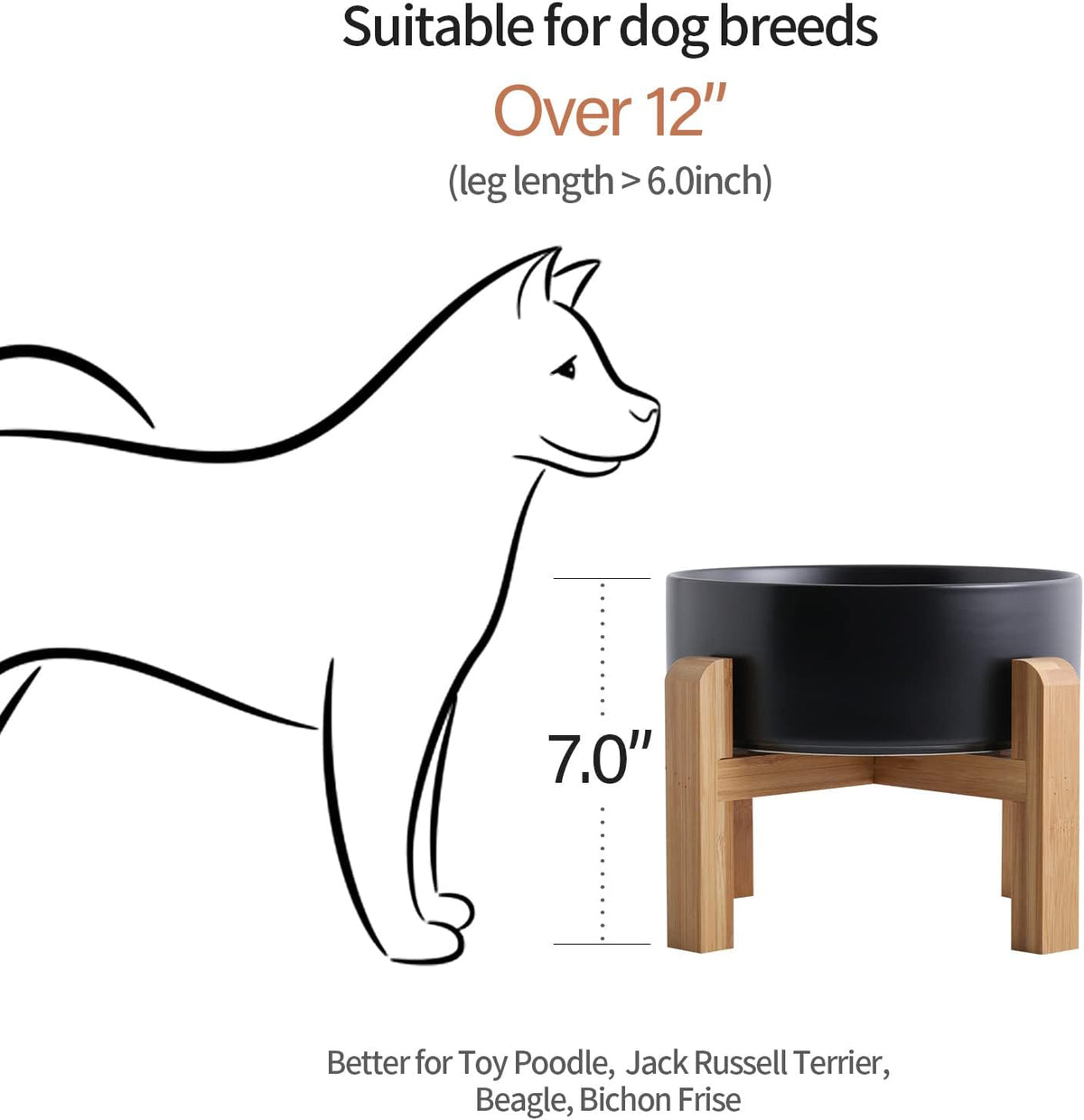 Black Elevated/Raised Dog Bowl Ceramic with Wood Stand for Medium - Black / 8 Inch - image 3