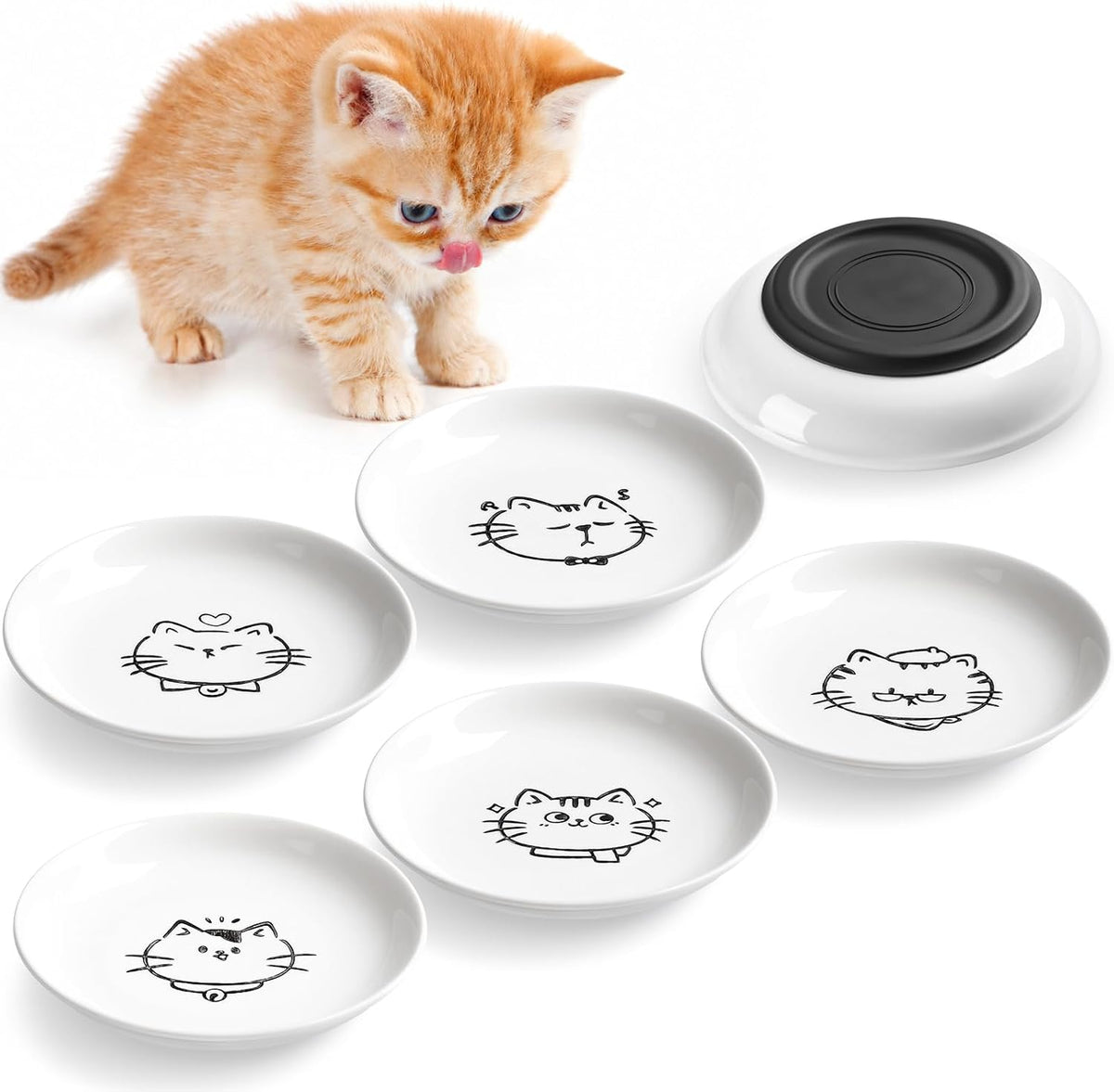 Cat Food Bowl, Whisker Friendly Ceramic Cat Bowls with Nonslip Silicone Bottom, Pack of 3 Quiet - Cute Cat Shallow 6 Pack