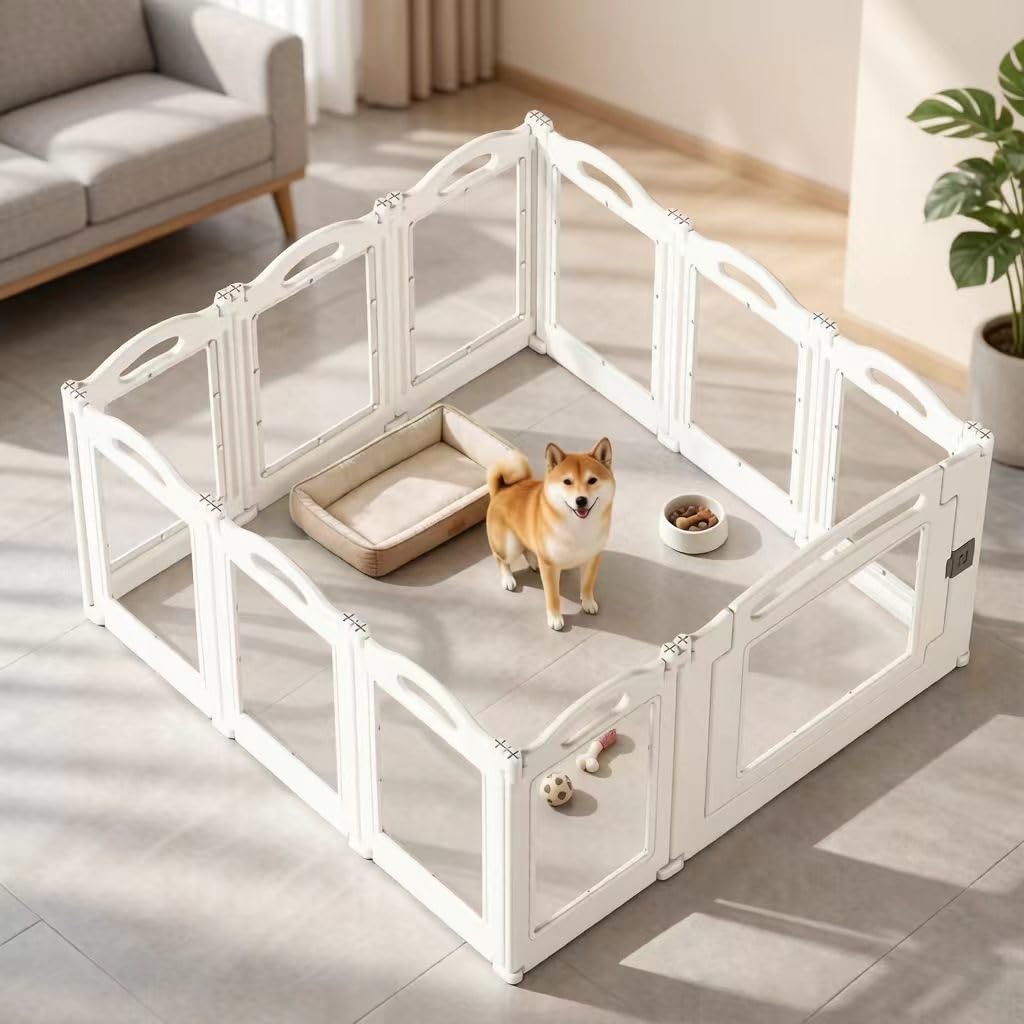 Foldable Clear Acrylic Dog Playpen with Door - White / 10 panels + 1 door / 23.6 inches