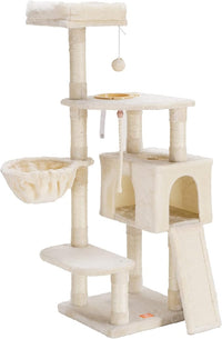 Heybly Cat Tree, Cat Tower for Indoor Cats with Scratching Board, Multi-Level Cat Furniture Condo with Feeding Bowl, Beige HCT010M
