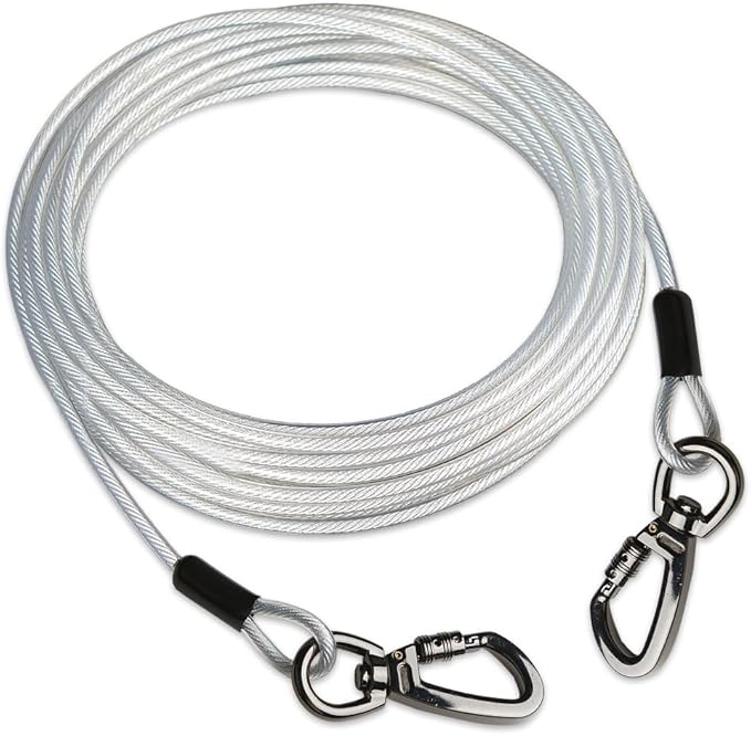 Dog tie Out Cable, 10/20/25/30/50/70/100 feet, Suitable for Dogs up to 350 pounds, Dog Cable with Swivel Buckle, Lightweight, Non-Winding, for Outdoor Camping, Yard Dog Cable (White, 20FT)