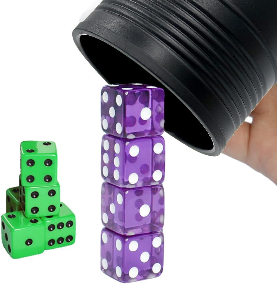 Six Senses Media dice stacking cup set with purple and green dice and a storage bag