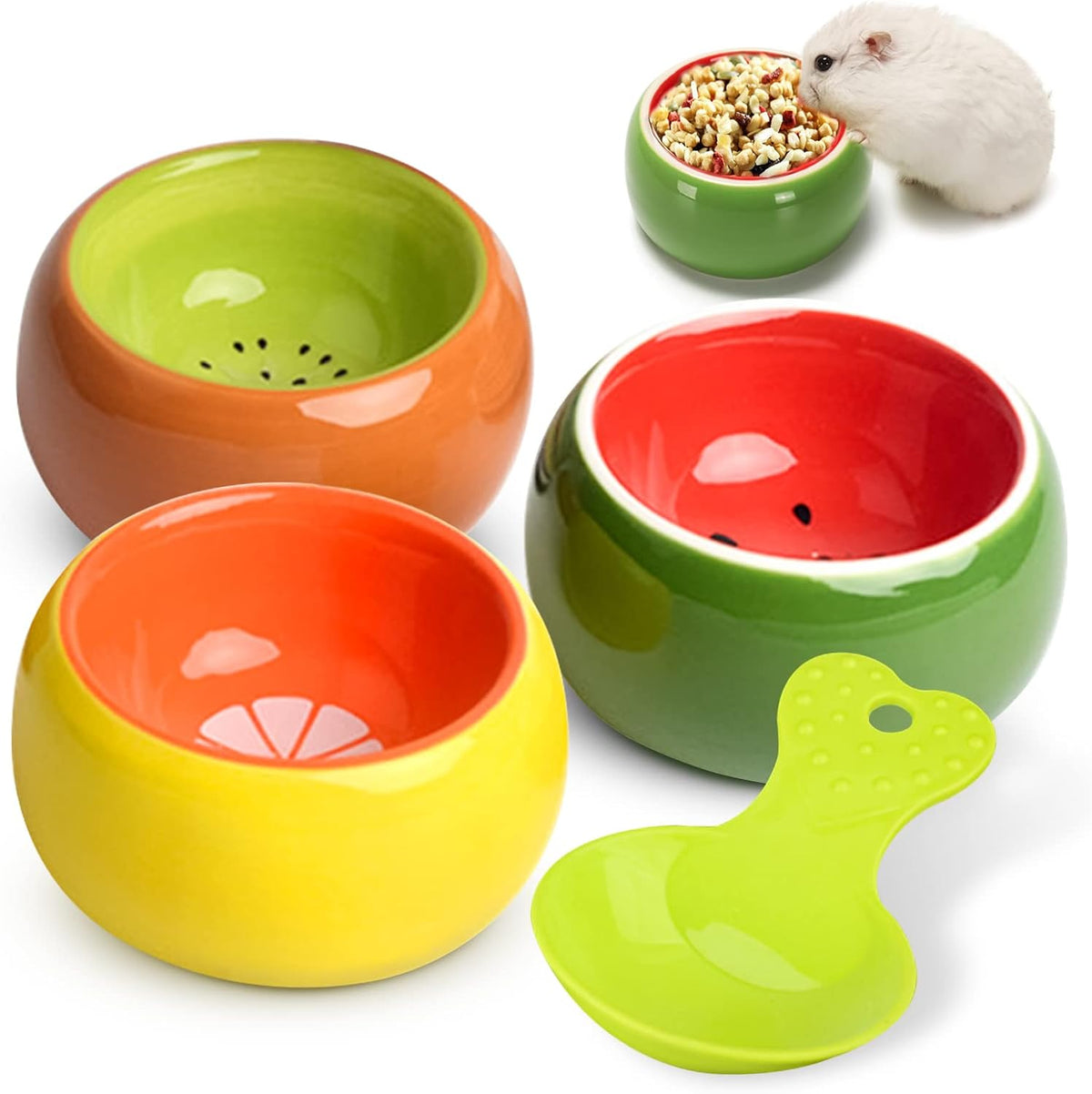 2 Pack Hamster Bowl Ceramic Prevent Chewing Feeding Bowl Water Food - Green Yellow Orange