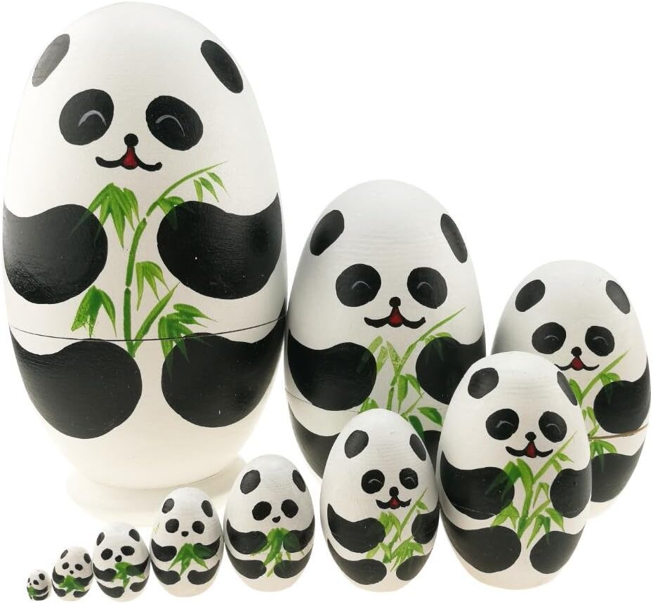 Winterworm 10 piece egg shaped wooden panda nesting dolls with bamboo pattern