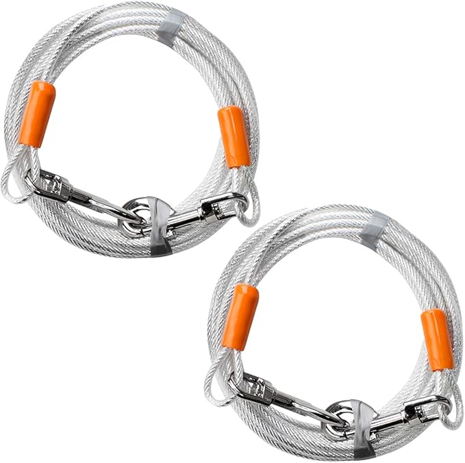 BV Dog Tie Out Cable 25 Feet - Heavy Duty Dog Lead Up to 90 Pounds - Reflective & Rust-Free with Quick Release Swivel Clips & 360° Rotating Clasp - Tangle-Free Dogs Runner for Yard (Silver, Pair)