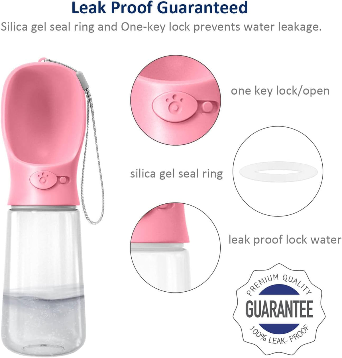 Pink WePet portable dog water bottle, 19 fl oz with one-key water release - view 4