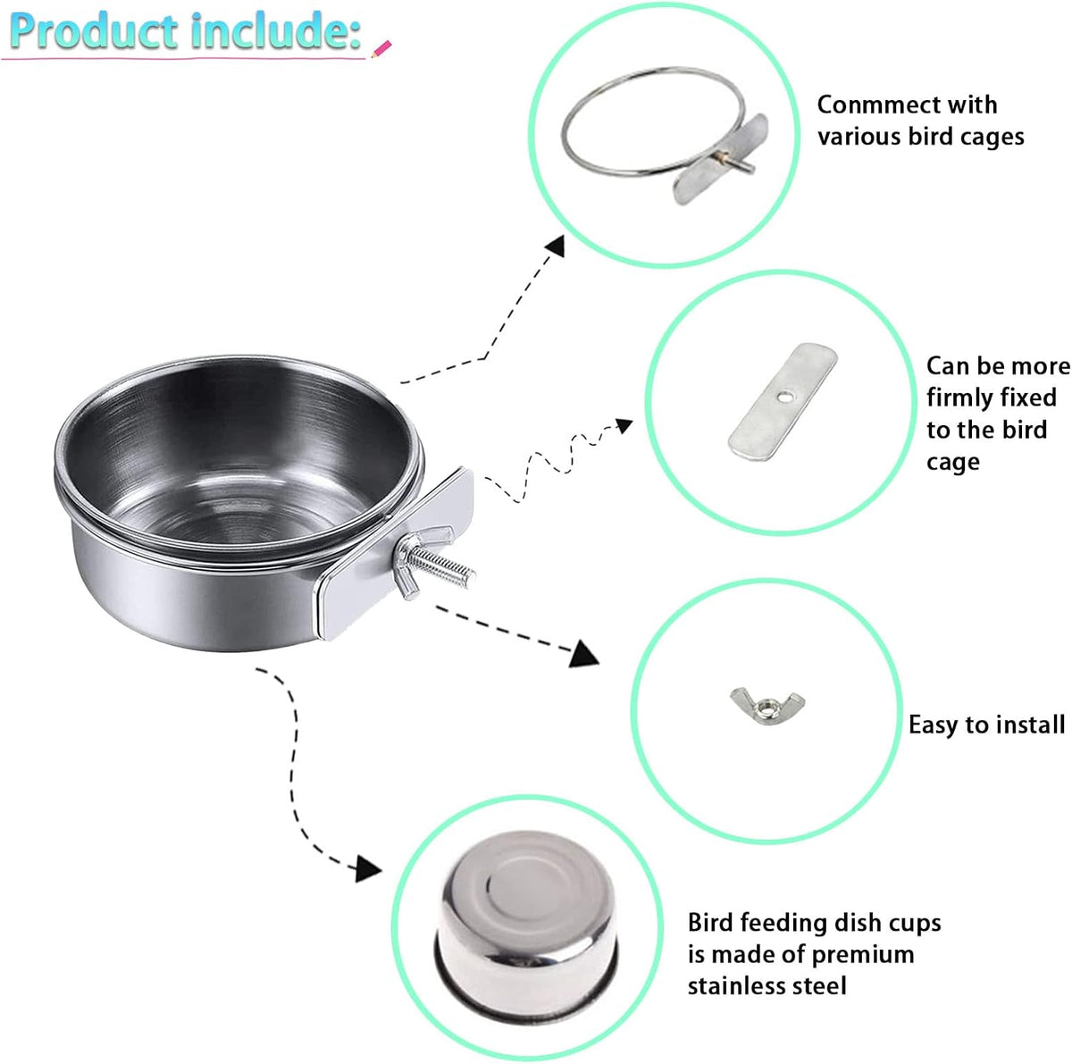 Parrot Feeding Dish Cups,Stainless Steel Bird Food Water Bowl Parakeet Feeder Birds Cage Ball Toys - 【2 PCS】 / 【S:3.9x1.6 Inches】 - image 4