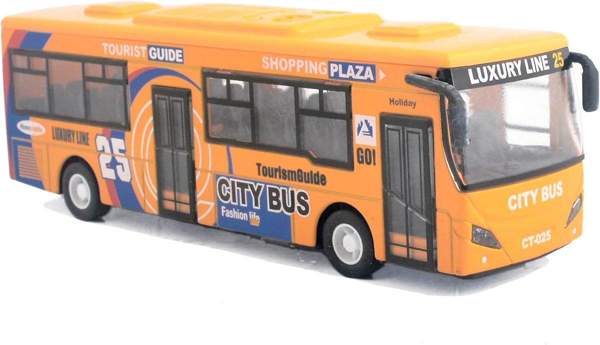 Ailejia yellow diecast city bus toy with pull back motor, lights and music