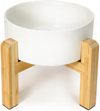 Elevated Cat Water Bowl, Ceramic Raised Cat Food Bowl with Adjustable Bamboo Stand, 5.1" Compact - Medium / White