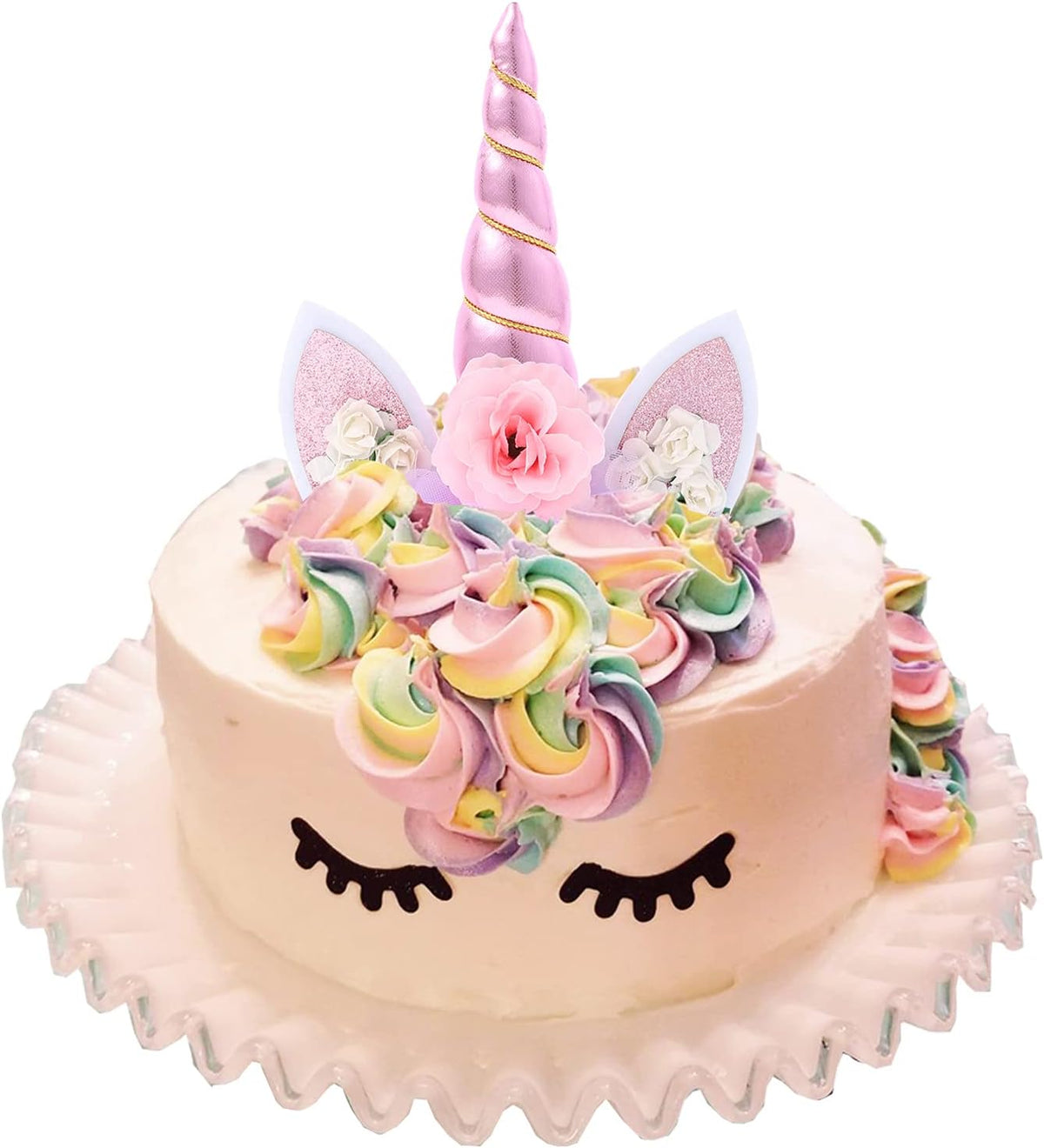 Zkptops pink unicorn cake topper set with 5.8 inch horn, ears, flowers and eyelashes - view 4