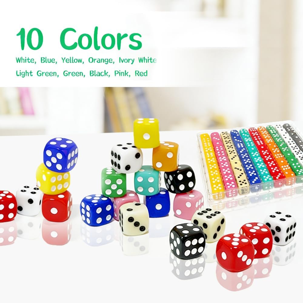 100 Pieces 16MM Dice Set, 6 Sided Colored Dices with Portable Plastic Box – Fun for Kids & Family - image 3