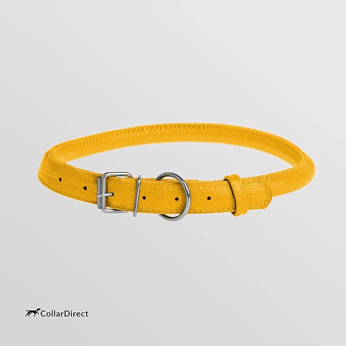 CollarDirect Rolled Leather Dog Collar, Soft Padded Round Puppy Collar, Handmade Genuine Leather Collar Dog Small Large Cat Collars 13 Colors (11-14 Inch, Yellow Textured)