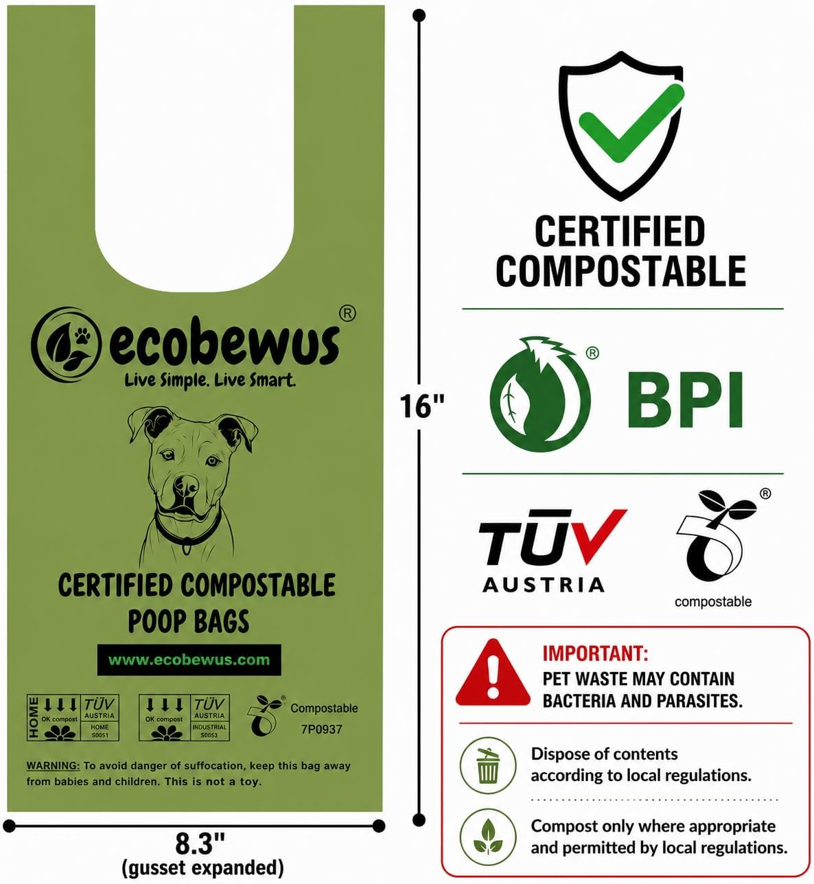 Certified Compostable Handle-Tie Dog Waste Bags, 16 Refill Rolls - image 2