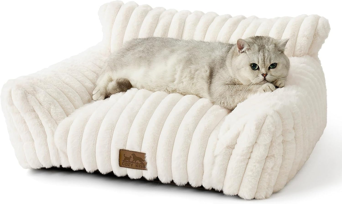 COZY KISS Cute Cat Couch, Fluffy Sofa Bed for Cats and Small Dogs, Premium Faux Rabbit Fur Cats - Cream / Small: 25.5'' x 17.5''