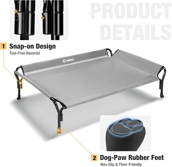 Veehoo Cooling Elevated Dog Bed, Raised Pet Cot with Guardrail & Slope Headrest, Durable Breathable Teslin Mesh, Non-Slip Feet, Washable Dog Couch Bed for Indoor & Outdoor, Medium 39.5" x 28", Gray
