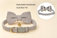 Breakaway Cat Collar with Bow Tie and Bell Adjustable Soft Corduroy - Small: Neck 7.5" - 11.0" / Tweed-Grey - image 3