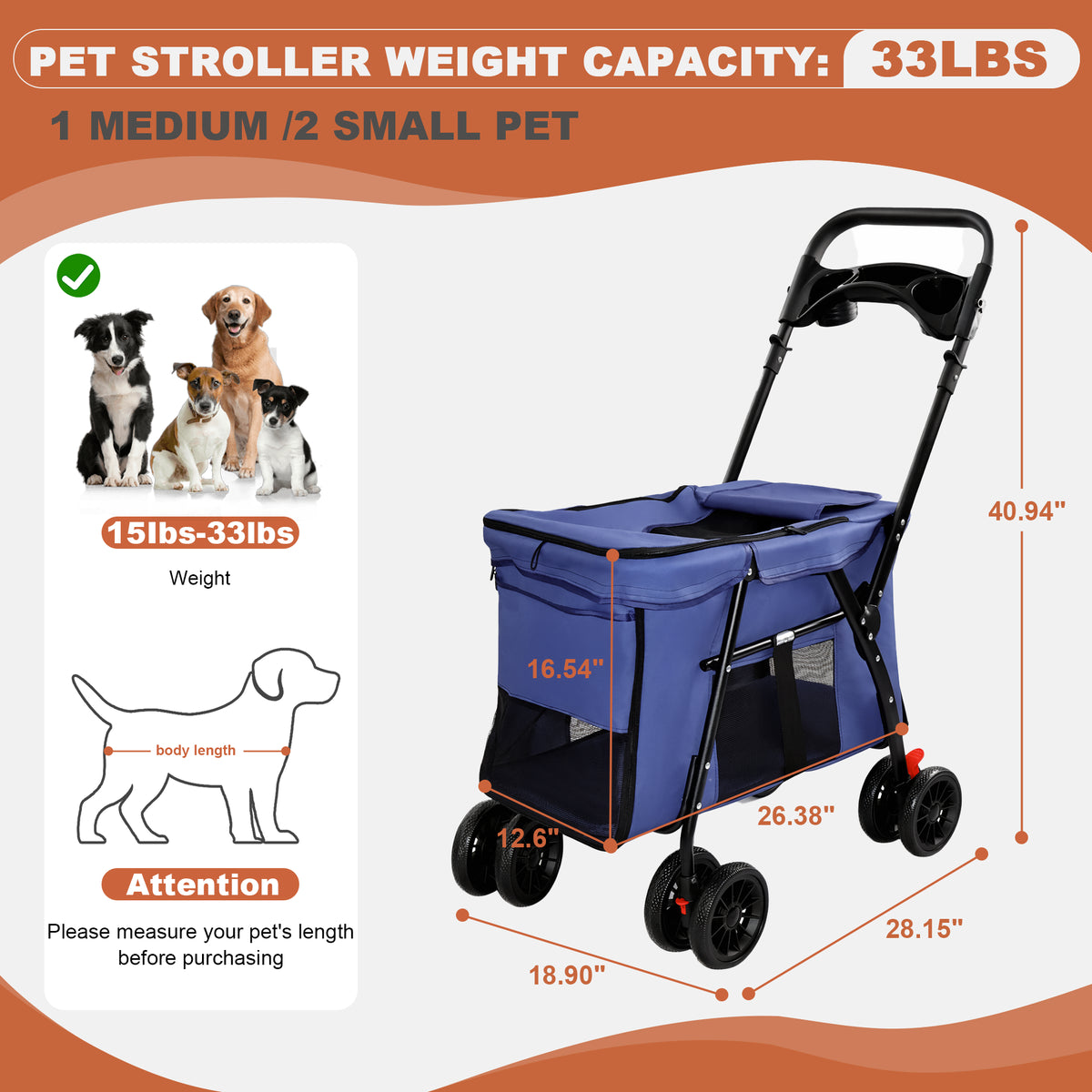 Pet Stroller, Foldable 4-Wheel Design, Breathable Mesh Dog Cat Stroller with Shockproof Wheels, Brake System, Storage Tr